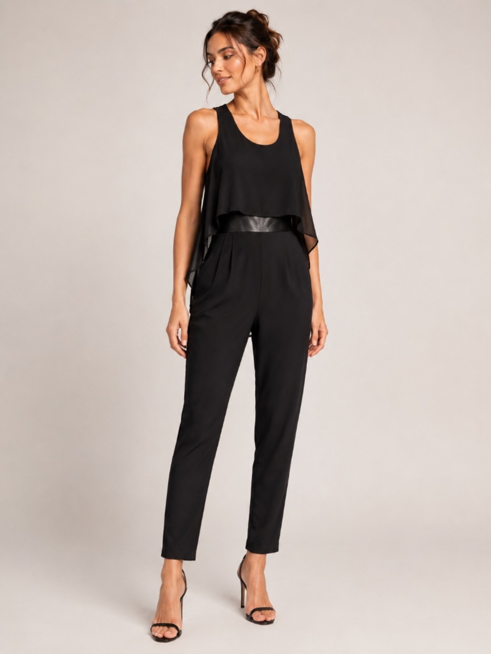 NWT NeNe Leakes - Black Halter Jumpsuit Chiffon Overlay Faux Leather Waist - 10